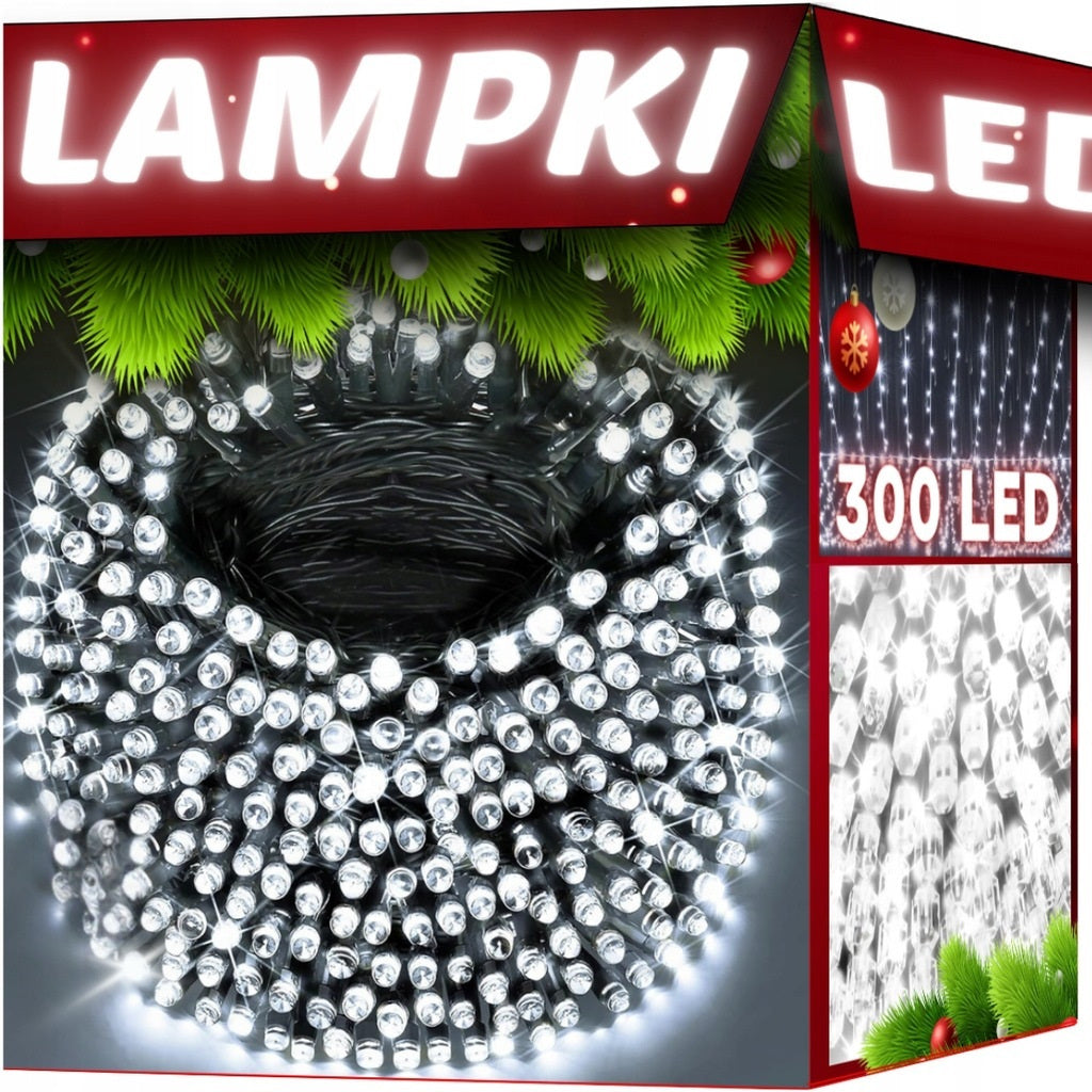 LAMPKI CHOINKOWE ŚWIĄTECZNE 300 LED 21,7M ZEWNĘTRZNE WEWNĘTRZNE BIAŁE ZIMNE ŚWIATŁA NA CHOINKĘ OŚWIETLENIE DEKORACYJNE LED Z PROGRAMATOREM I TRANSFORMATOREM 8 TRYBÓW ŚWIECENIA KOMBINACJA FALOWANIE MIGOTANIE ŚWIATŁO STAŁE MOŻLIWOŚĆ ŁĄCZENIA ZESTAWÓW ENERG